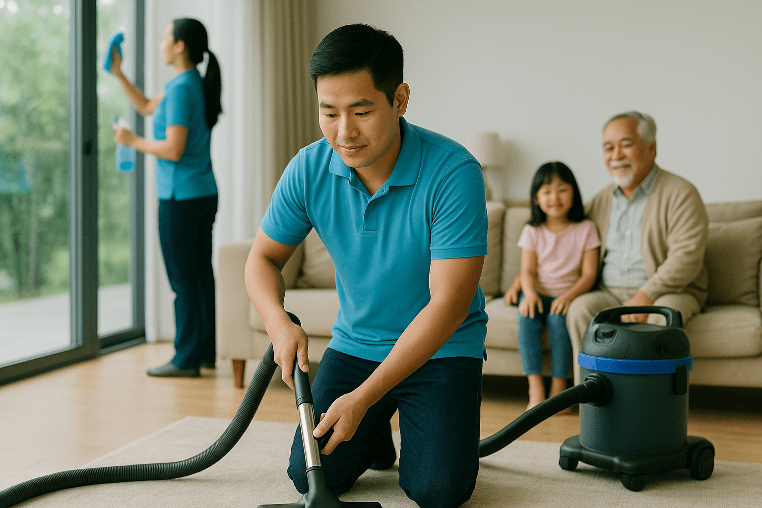 Nhân viên vệ sinh công nghiệp hút bụi thảm phòng khách gia đình