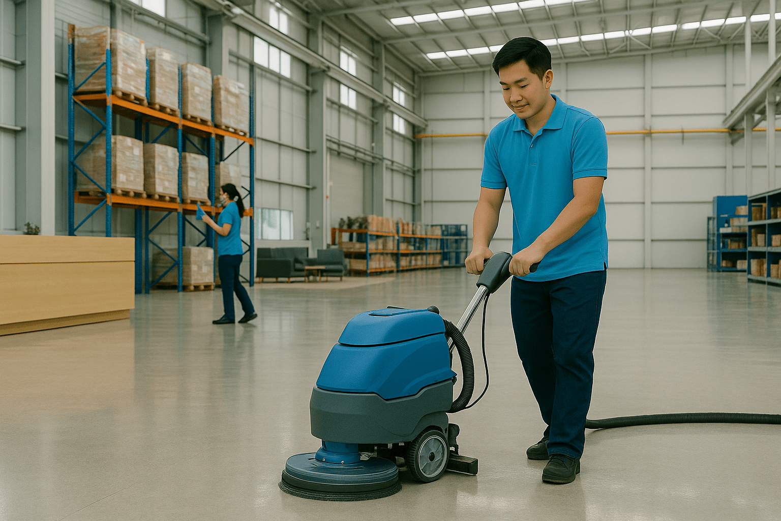 Nhân viên vệ sinh công nghiệp dùng máy chà sàn kho bãi