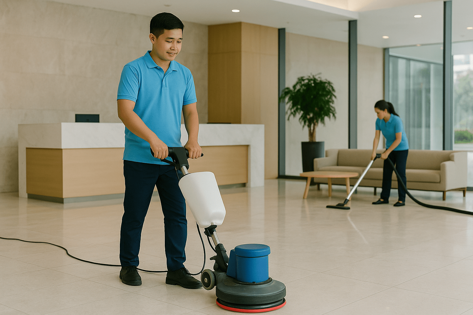 Nhân viên vệ sinh công nghiệp dùng máy chà sàn tòa nhà