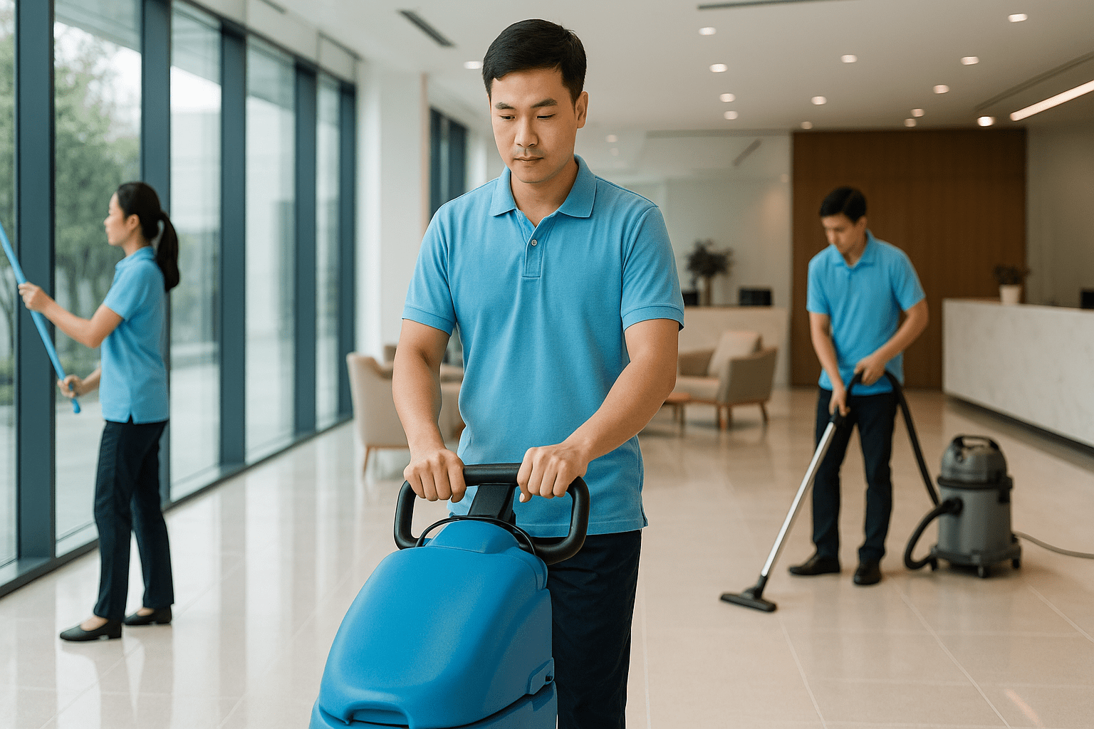 Nhân viên vận hành máy chà sàn trong dịch vụ vệ sinh công nghiệp