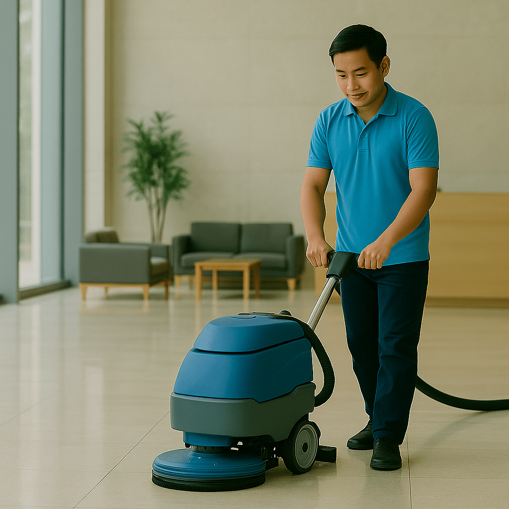 Nhân viên vệ sinh công nghiệp dùng máy chà sàn sảnh văn phòng