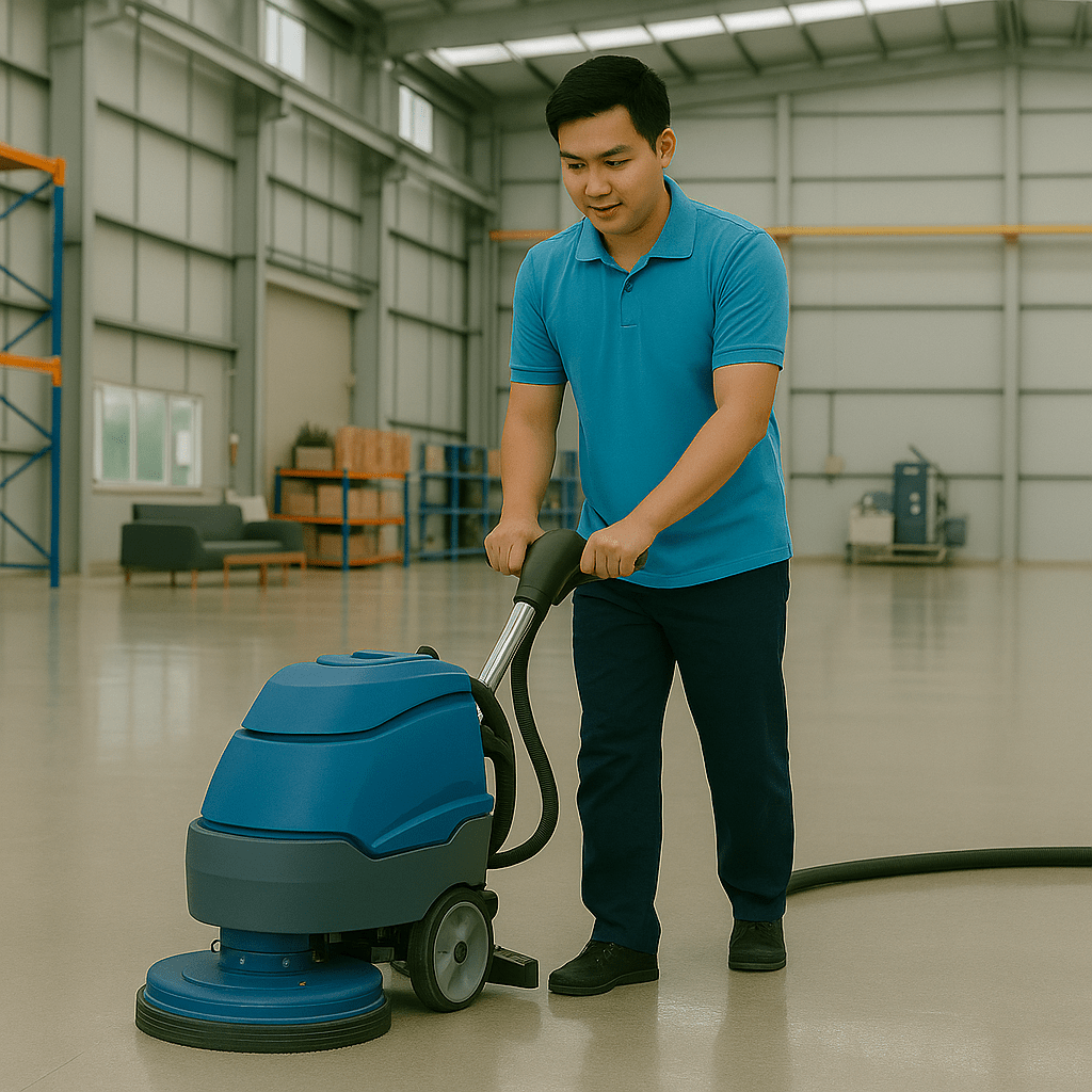 Nhân viên vệ sinh công nghiệp điều khiển máy chà sàn nhà xưởng