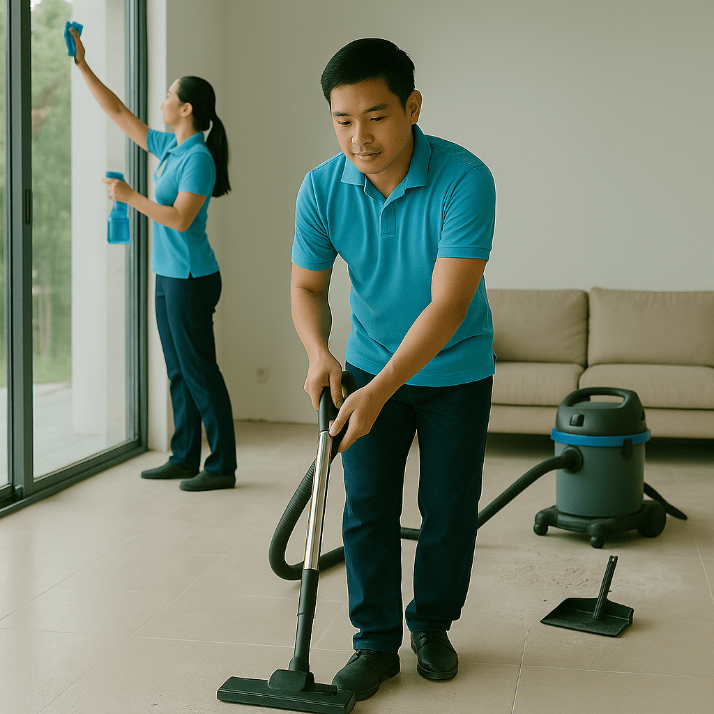 Nhân viên vệ sinh công nghiệp lau kính và hút bụi công trình