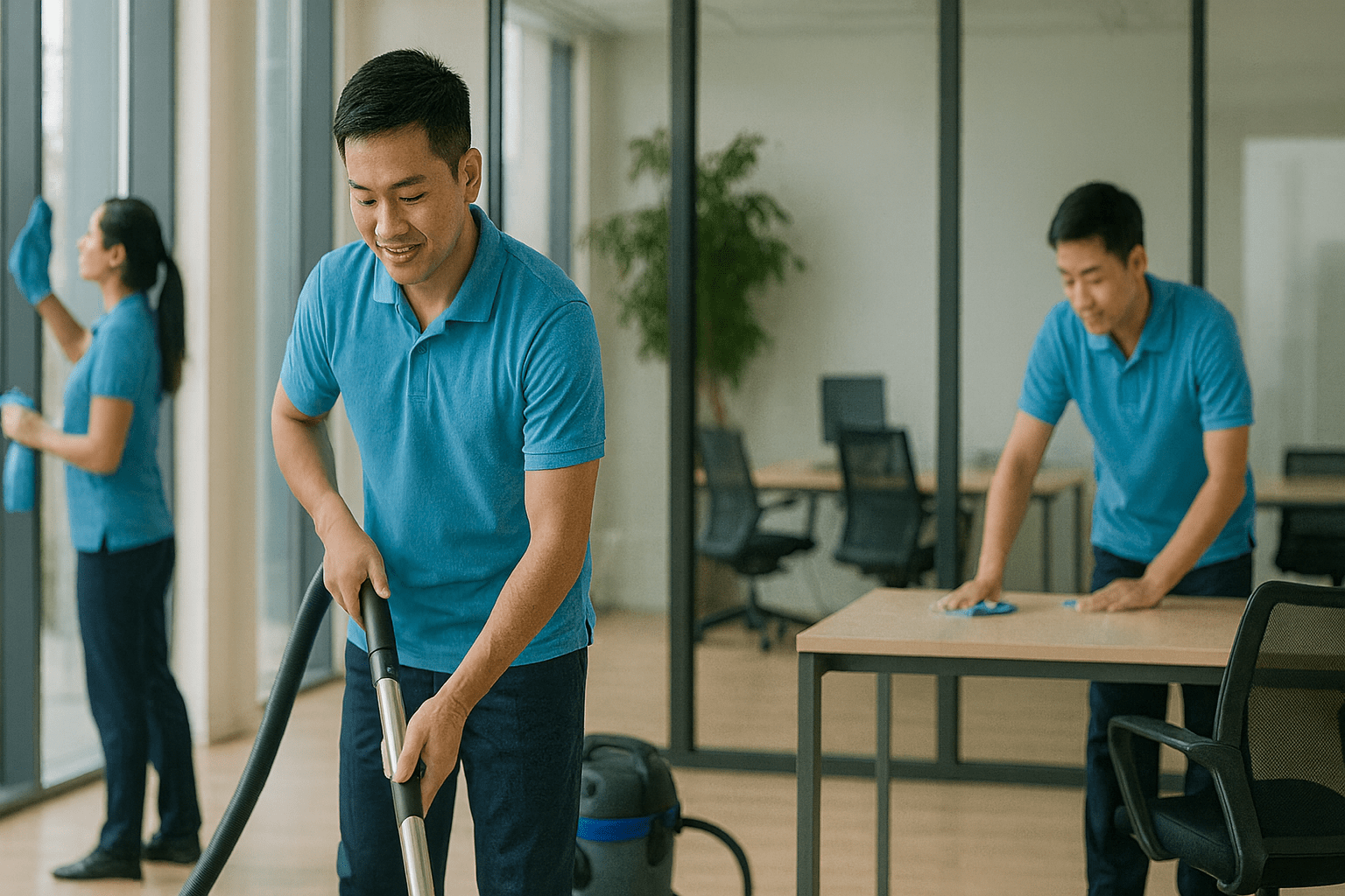 Nhân viên vệ sinh công nghiệp đang hút bụi và lau kính văn phòng