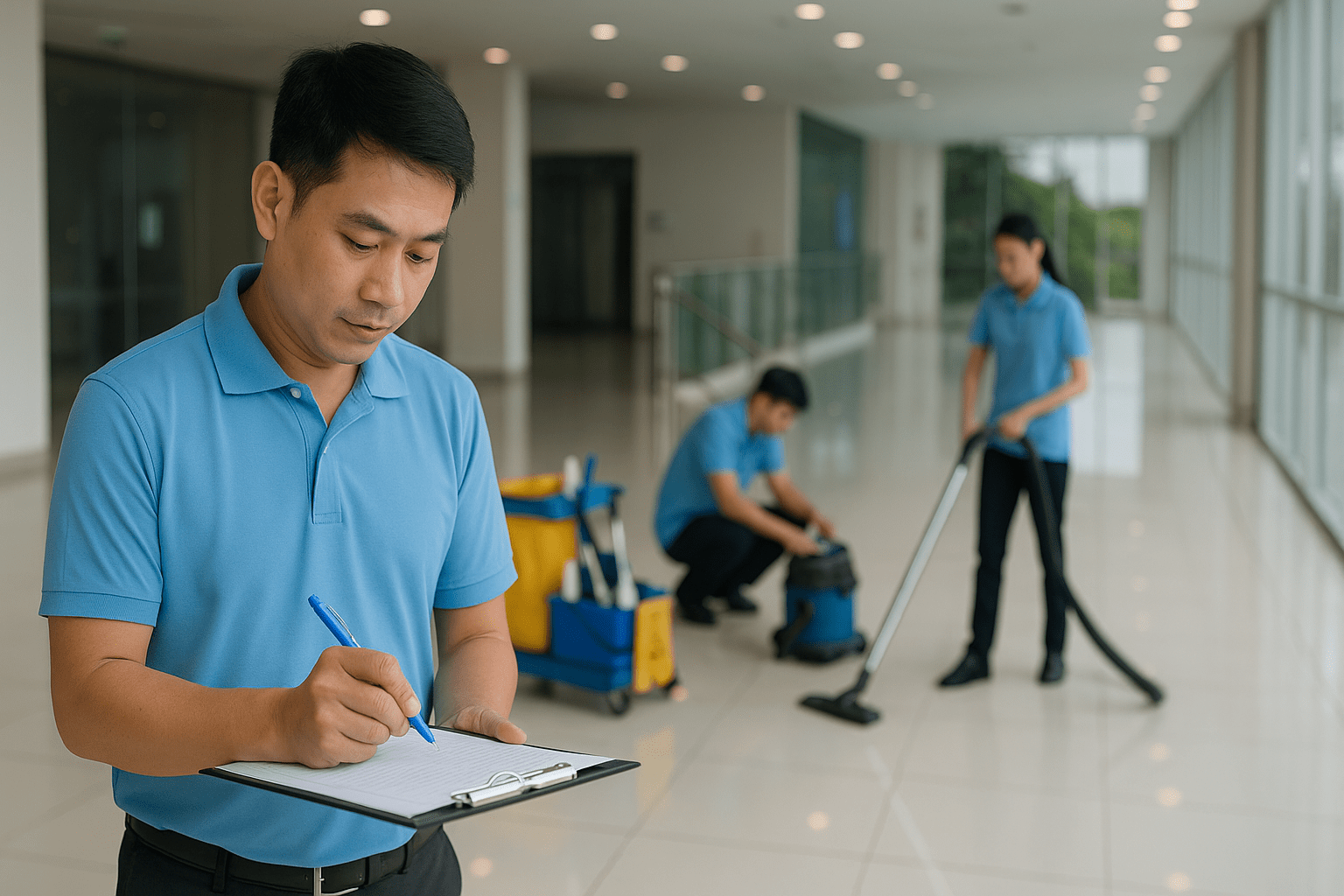 Nhân viên vệ sinh công nghiệp ký checklist bàn giao