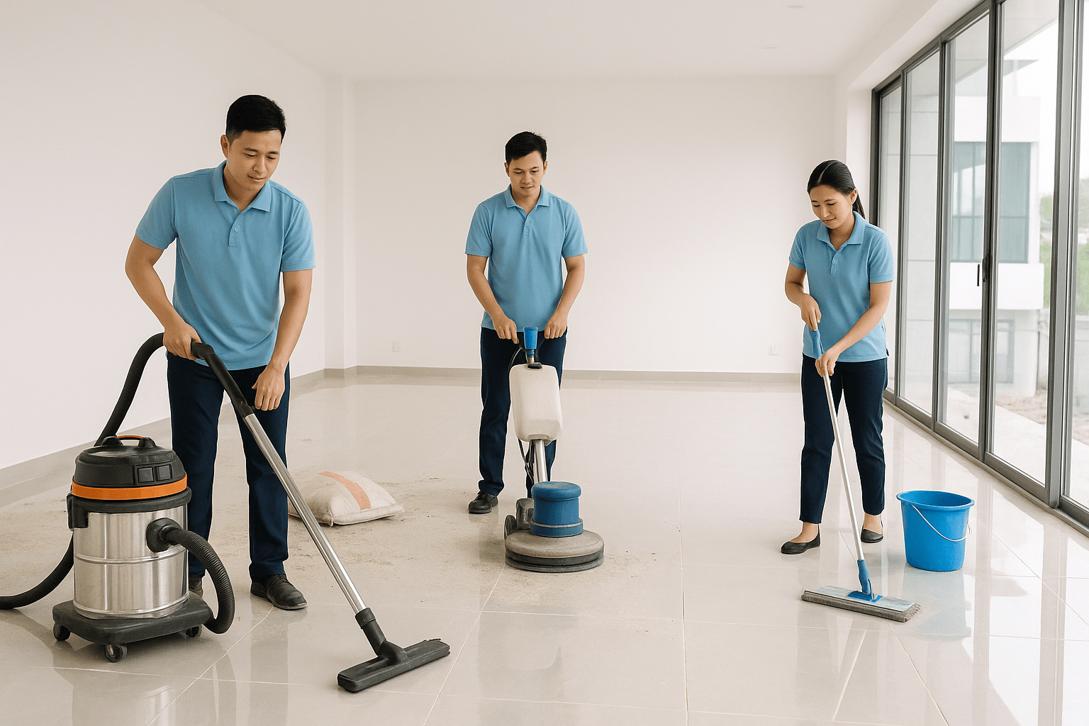 Đội ngũ vệ sinh công nghiệp sau xây dựng tại công trình mới