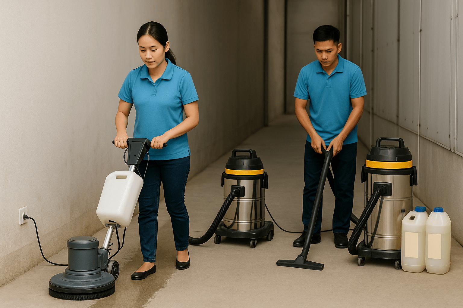 Vệ sinh công nghiệp Cà Mau chà sàn hành lang hút bụi