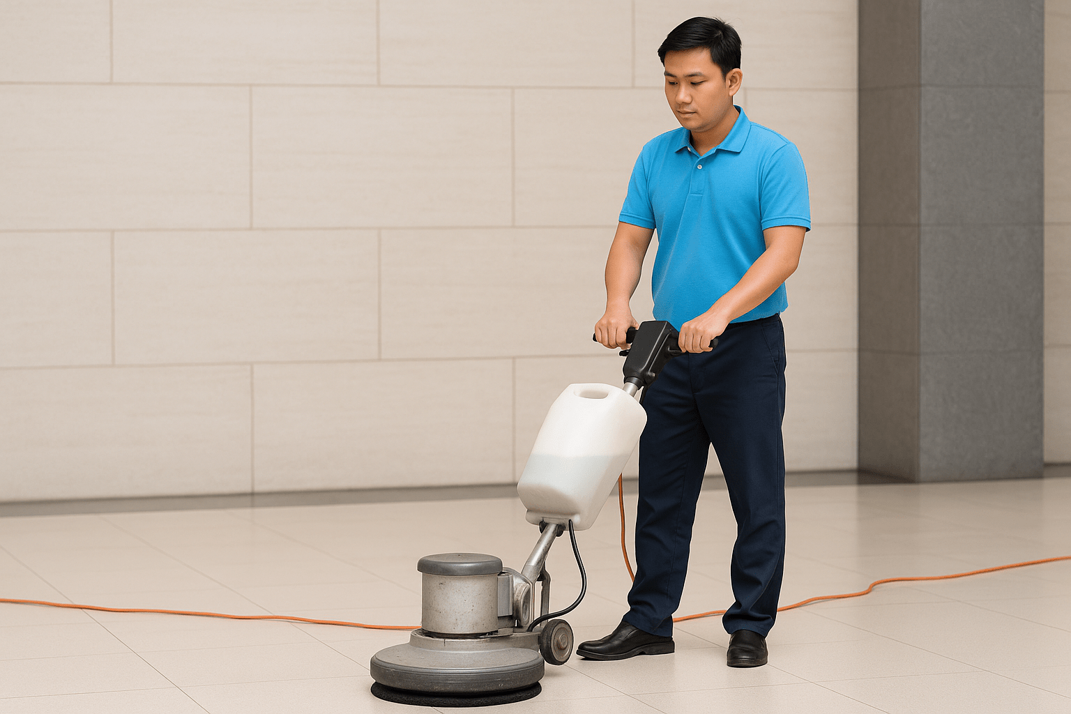 Vệ sinh công nghiệp Cần Thơ làm sạch sàn bằng máy chà sàn