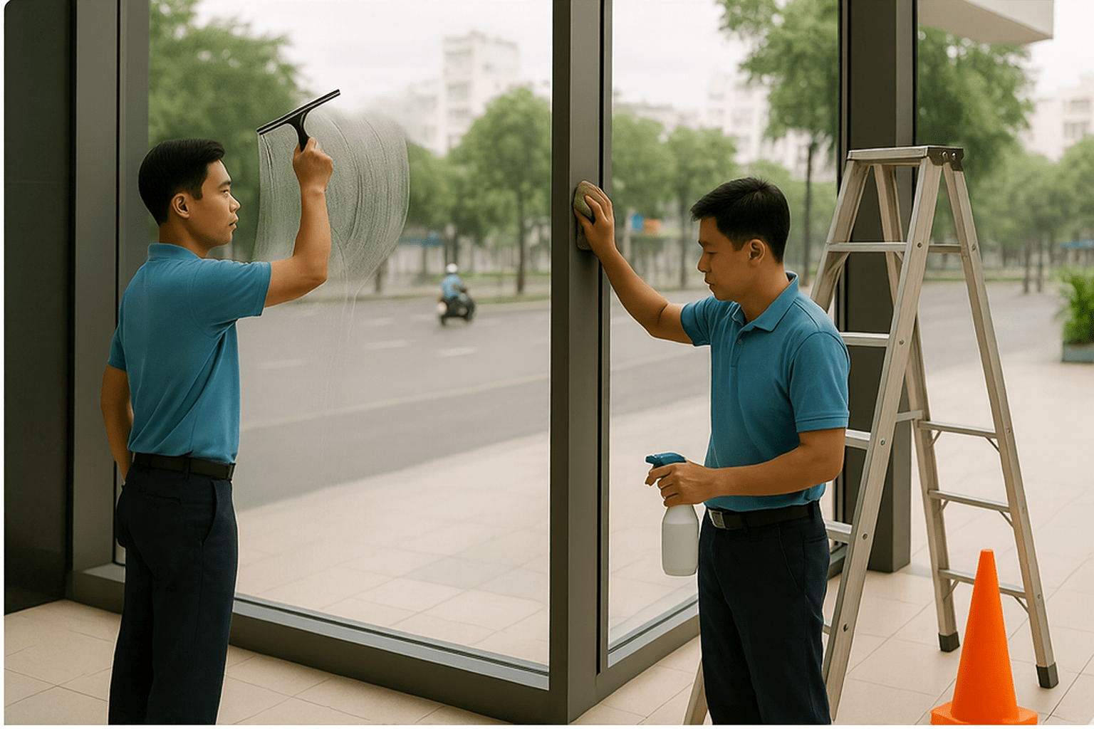 Vệ sinh công nghiệp Hà Nội lau kính mặt tiền văn phòng