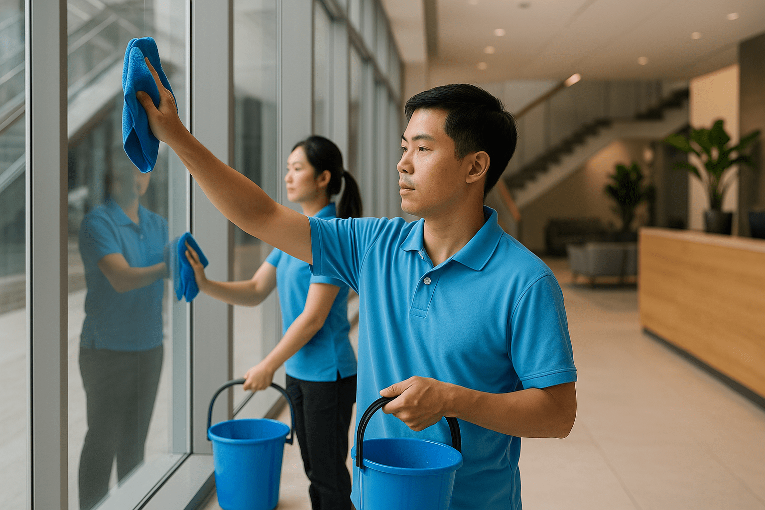 Vệ sinh công nghiệp TPHCM lau kính sảnh văn phòng sáng