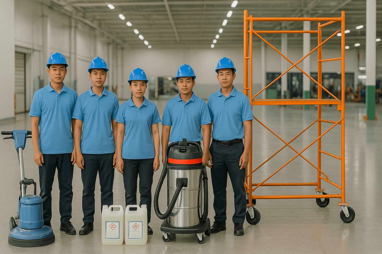 Đội ngũ vệ sinh nhà xưởng TPHCM cùng thiết bị thi công