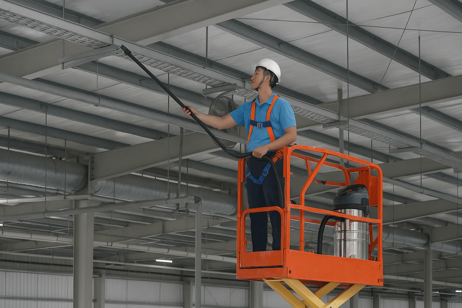Vệ sinh nhà xưởng TPHCM giàn giáo thang nâng hút bụi dầm xà