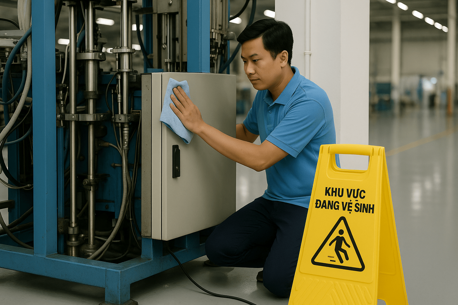 Nhân viên lau chùi khu vực máy móc vệ sinh nhà xưởng TPHCM