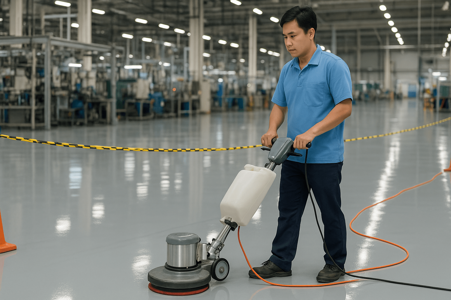 Nhân viên vận hành máy chà sàn vệ sinh nhà xưởng TPHCM